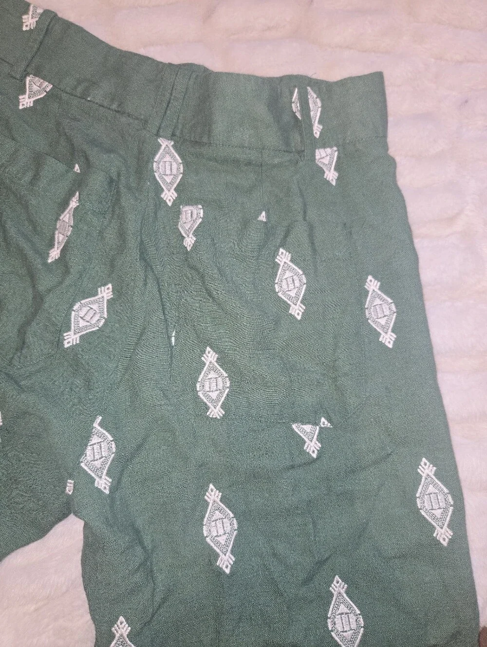 Zara Linen Green Embroidered Wide-Leg Resort [Medium] Pants Beach Tropical
